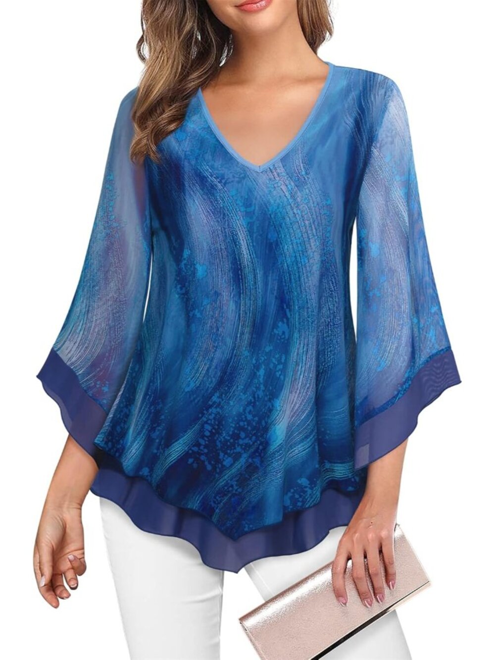 Women's Mesh Shirt Blue Double Layer Ruffle 3/4 Flared Sleeve Blouse Tunic Top